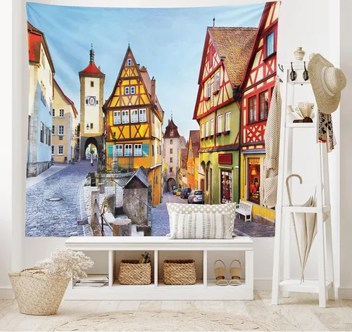 Vista 2 de Ambesonne Tapiz alemán, Rothenburg ob der Tauber Baviera Alemania famosa calle colorida casas clásicas, decoración de tela para colgar en la pared