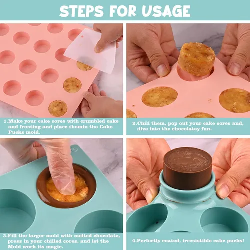 Vista 5 de Juego de Moldes para Puck de Pastel, Moldes de Silicona para Pasteles Cubiertos de Chocolate, Moldes Redondos para Cake Pops de 24 Cavidades con 2