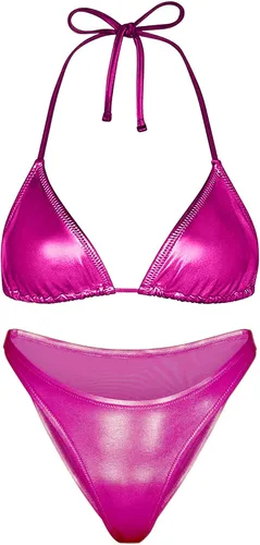 Vista 2 de Conjunto de bikini metálico para mujer, traje de baño sexy plateado con triángulo, parte superior e inferior