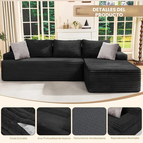 Vista 4 de Hobestluk - Sofá modular sin hueso, sofá seccional en forma de L 96" Right Facing Chaise Black,Memory Foam,Removable Cover,Non-slip Bottom,No