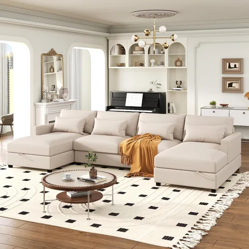 Vista 10 de Quarte Sofá seccional en forma de U, sofá modular con dos asientos individuales, dos sillas, combinación de bricolaje, tela de hilo en bucle Beige/5