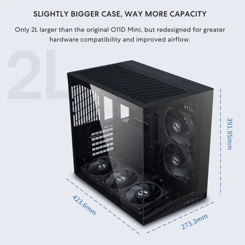 Vista 3 de LIAN LI O11D MINI V2 Flow Carcasa de computadora de aire compacta ATX de media torre Vista panorámica Flujo de aire de alto rendimiento Negro