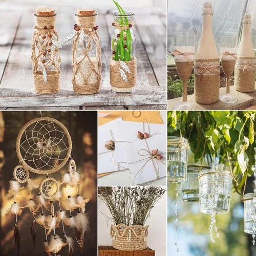 Vista 6 de Cordel de yute natural de 984 pies, cinta fina de cáñamo de 3 capas para jardinería, plantas, envoltura de regalos, arte, decoración de boda