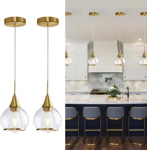 Vista 17 de Luces Colgantes para Isla de Cocina: Lámpara de Estilo Granja Dorada Cepillada con Vidrio Transparente - Globo de Mediados de Siglo de 10 Pulgadas