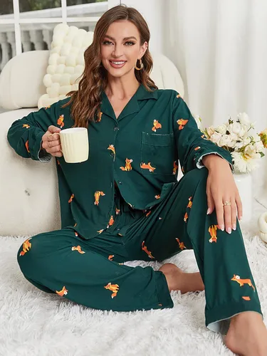 Vista 4 de RONGTAI Conjunto de pijama suave para mujer, ropa de dormir de algodón, 2 piezas, pijama de manga larga para fiesta