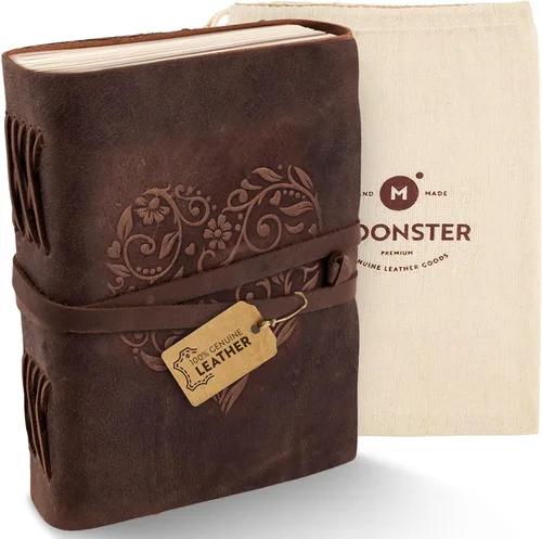 Vista 16 de Diario de cuero con papel para cuaderno rayado - MOONSTER® Diarios encuadernados en cuero para escribir para mujeres y hombres, 18x13cm Cuadernos