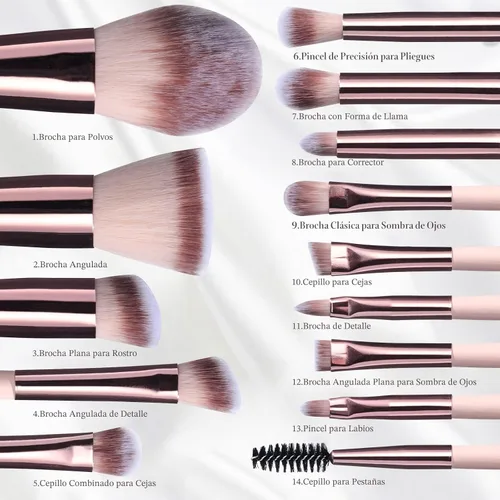 Vista 6 de BS-MALL - Set de brochas de maquillaje con espejo LED, 14 piezas, base en polvo, correctores, sombras de ojos, mini brochas de maquillaje (APINK)