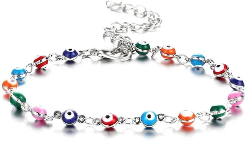 Vista 3 de Tobillera de ojo malvado de plata con cuentas de mal de ojo, joyería de pie de moda para la playa para mujer, Plata