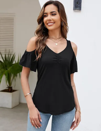 Vista 5 de Micoson Camisetas de verano con hombros descubiertos para mujer, camisas de manga corta para mujer, blusa floral fruncida, clásica y bonita túnica