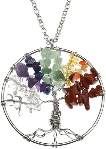 Vista 3 de Jovivi Juego de collar y aretes y pulseras de chakras con cristales curativos de árbol de la vida de 7 chakras, regalos del día de la madre, Piedra