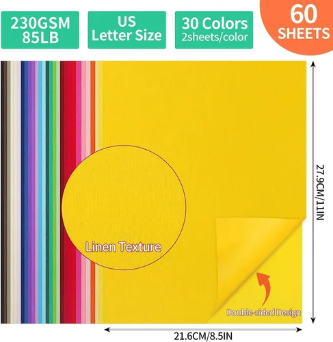 Vista 2 de 60 hojas de cartulina de colores texturizados - 8.5 x 11.0 pulgadas / 30 colores 85 libras 230gsm 21.6 x 27.9 cm papel pesado para tarjetas