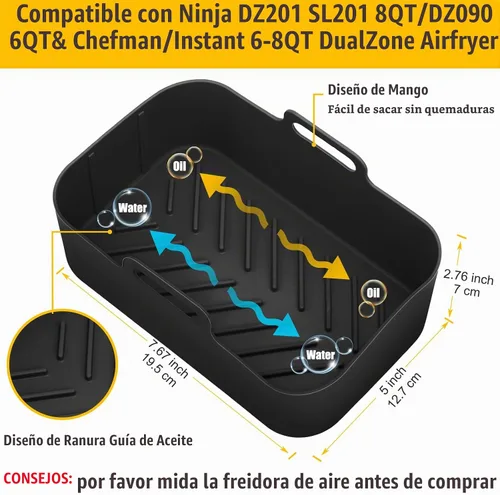 Vista 2 de 2 piezas de forros de silicona para freidora de aire rectangular para Ninja Foodi Dual DZ201 8QT/DZ090 6QT, MMH accesorios reutilizables
