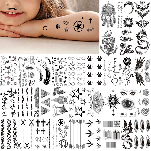 Vista 5 de VANTATY 66 hojas de tatuajes temporales negros pequeños en 3D para mujeres y hombres, impermeables, calcomanías falsas para rostro, cuello, brazo