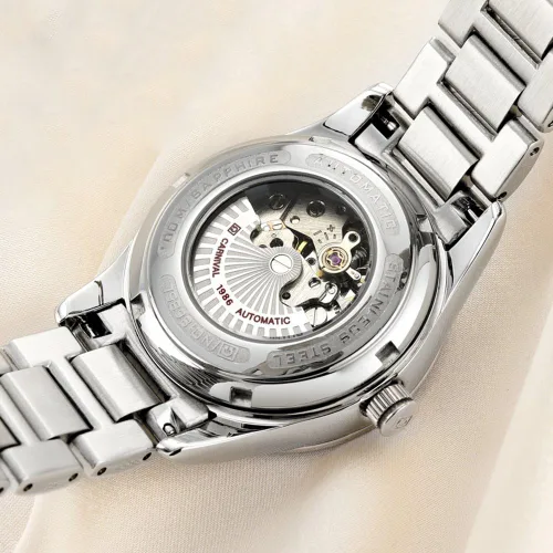 Vista 35 de Carnival Reloj de mujer con esqueleto mecánico automático, cristal de zafiro sintético, oro rosa, acero inoxidable, impermeable, color blanco