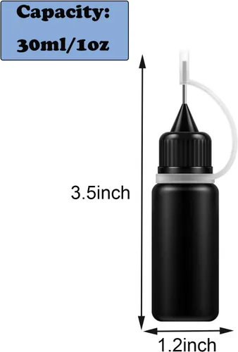 Vista 2 de Botella de pegamento con punta de aguja negra, 6 unidades, 1 onza Botella aplicadora de punta con 2 embudos, para pegamento, líquido, aceite