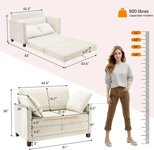 Vista 2 de Sofá cama loveseat de 51 pulgadas, sofá cama convertible de chenilla para espacios pequeños, sofá cama plegable con asiento profundo, 2 almohadas