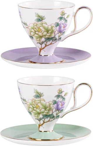 Vista 8 de KAMMAK Juego de 2 tazas de café de cerámica, tazas de café de porcelana con platillos, 6.52 onzas hechas a mano, elegante taza de té de porcelana