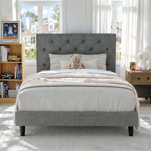 Vista 25 de HOMBCK Base de cama de tamaño individual con cabecera, base de cama tapizada con plataforma de lino para niños, base de cama de tamaño individual