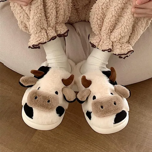 Vista 6 de Fuzzy Cow Slippers for Women Men, Cute Cotton Animals House Shoes Fluffy Plush Slippers for Girls Indoor Living Room Bedroom