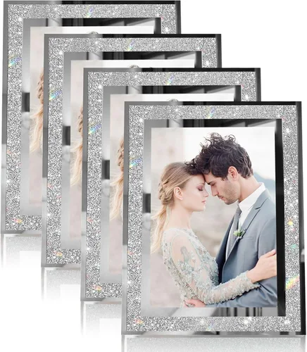 Vista 7 de Egofine Juego de 4 marcos de fotos de 4 x 6 pulgadas, marcos de fotos de cristal plateado para boda, para exhibición de mesa vertical u