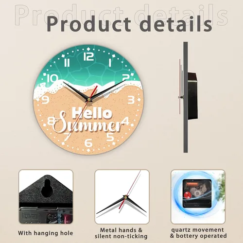 Vista 3 de Reloj para sala de estar, Hello, reloj de pared de verano, silencioso sin tictac, funciona con pilas, 10 pulgadas, decoración del hogar para sala
