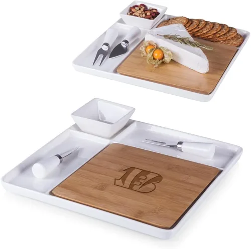 Vista 2 de Picnic TIME NFL Peninsula Tabla de cortar y bandeja para servir, tabla de queso, tabla de embutidos - plato de aperitivo, bambú y cerámica blanca