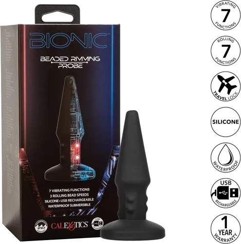 Vista 3 de CalExotics Bionic - Vibrador de tapón anal anal de sonda de beso negro con cuentas - SE-0850-15-3