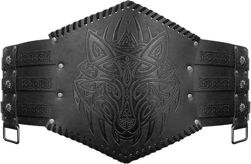 Vista 2 de HiiFeuer Viking - Armadura de cintura en relieve, cinturón ancho de piel sintética nórdica, cinturón de corsé medieval de caballero para disfraz LARP