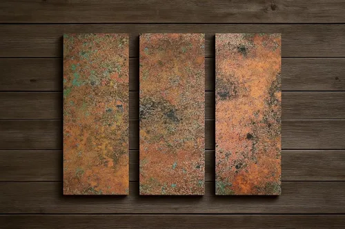 Vista 5 de Arte de pared de cobre real - Arte de metal de 3 paneles - Textura de pátina - Tríptico abstracto moderno - Decoración rústica hecha a mano