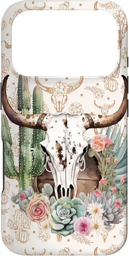 Vista 30 de Western Boho Chic Longhorn Bull Skull Cactus Beige Pattern Case for iPhone 17