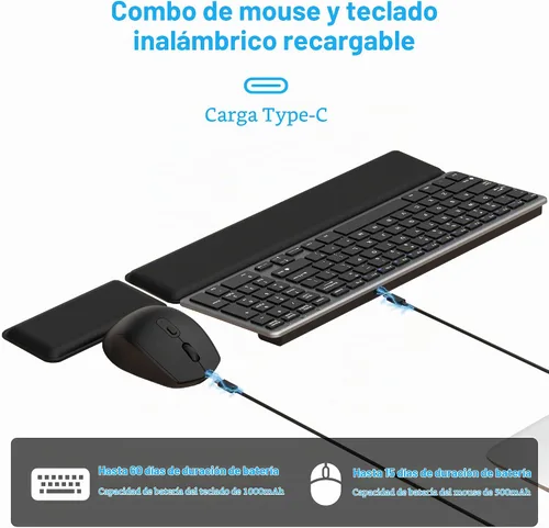 Vista 5 de Combo de teclado y mouse inalámbricos silenciosos y silenciosos ultra delgados con reposamuñecas magnético, juego combinado de teclado y mouse