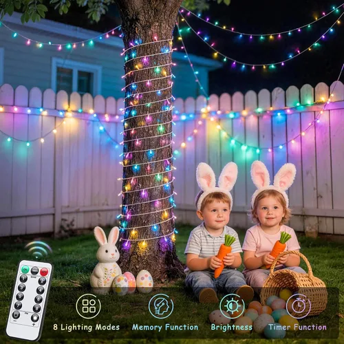 Vista 4 de JMEXSUSS 100 luces LED de Pascua de 33 pies, funciona con pilas, luces pastel para interiores y exteriores, luces coloridas para decoración de casa