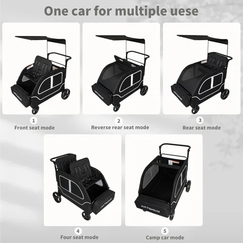 Vista 8 de Cochecito grande de 4 plazas, 2, 3, niños pequeños, color negro Car Shaped, Foldable, All Terrain, Removable Canopy, 5 Point Harness, Travel