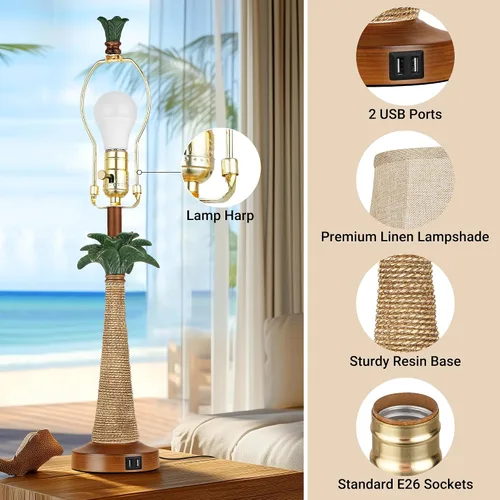 Vista 5 de Hamucd Juego de 2 lámparas de mesa con palmera costera con 2 puertos USB para sala de estar, playa, lámparas náuticas para mesita de noche