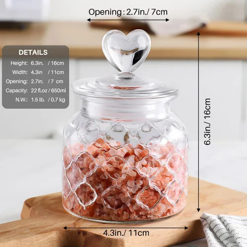 Vista 2 de Recipiente de vidrio transparente de 22 onzas con bonitas tapas en forma de corazón, tarros de vidrio para almacenamiento de alimentos con tapas