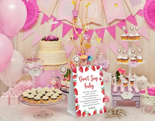 Vista 3 de Juego de pinzas para ropa de bebé, 1 letrero y 50 mini pinzas para la ropa, decoraciones de baby shower de fresa, juegos de baby shower
