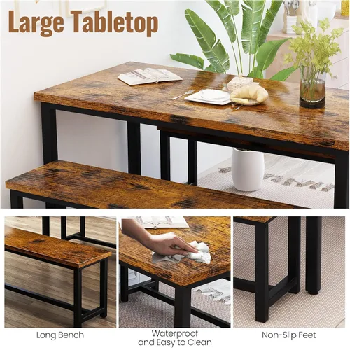 Vista 5 de Elegante juego de mesa de comedor de 3 piezas de 43.3 pulgadas para 4 personas con banco, diseño compacto que ahorra espacio, duradera y fácil