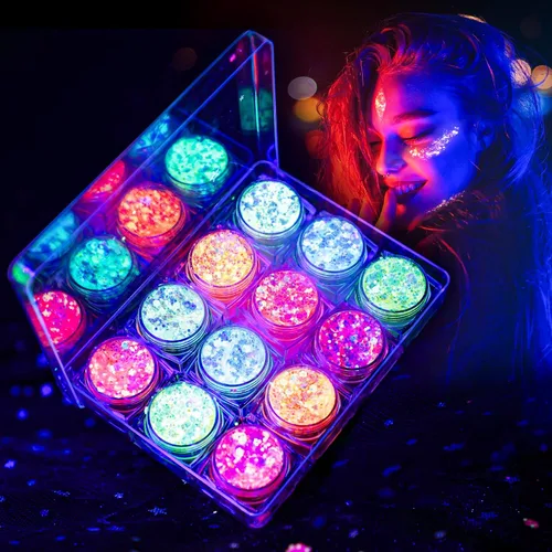 Vista 8 de Gel de purpurina para brillar en la oscuridad para el cuerpo y la cara para mujeres, 6 colores de gel de purpurina para maquillaje, purpurina gruesa