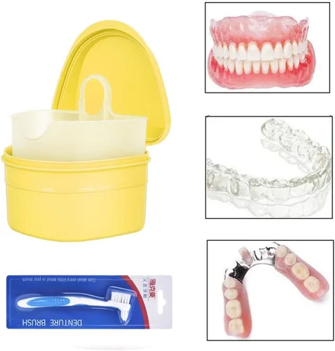 Vista 4 de Caja de baño para dentadura dental, taza y cepillo de dientes con cesta de colador, soporte para caja de almacenamiento de dientes falsos, caja