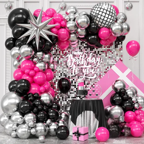Vista 13 de Kit de arco de globos rosa y negro, kit de arco de guirnalda de globos negros y rosados, globos de látex de corazón macarrón, globo de confeti