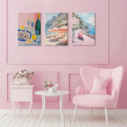 Vista 9 de HNNXAR Amalfi Coast - Lienzo decorativo para pared, pintura italiana de playa, pintura artística italiana, fruta, champán, juego de 3, decoración