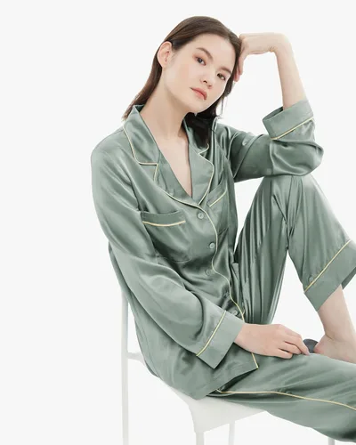Vista 8 de LilySilk Pijama de seda para mujer, con ribetes dorados, 22 momme, 100% seda, para mujer, lavable