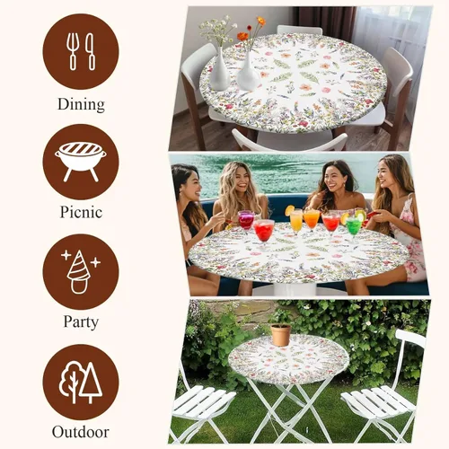 Vista 8 de Mantel redondo ajustable con flores silvestres botánicas, manteles elásticos impermeables para interiores y exteriores, mantel elástico para cena