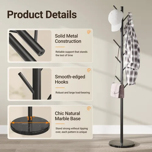 Vista 4 de ELYKEN - Perchero independiente con base de mármol natural, soporte de metal con 10 ganchos, árbol de abrigos con 3 tamaños ajustables para bolsos