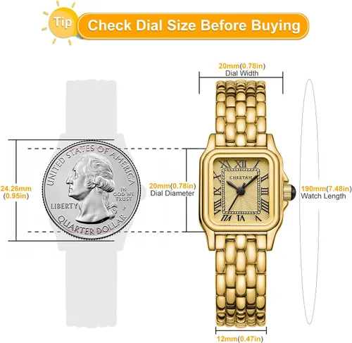 Vista 3 de CHEETAH Relojes de oro para mujer con pulsera vintage pequeña, esfera romana rectangular