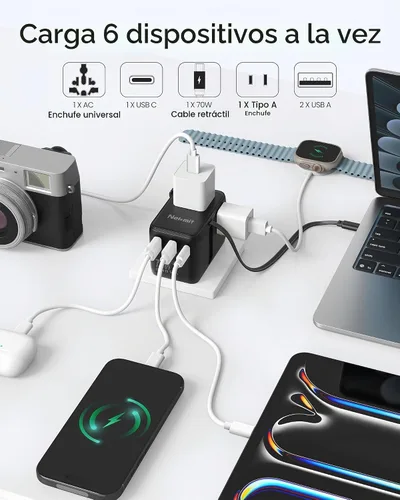 Vista 2 de Adaptador de viaje universal de 70 W, adaptador de corriente internacional Nekmit con cable de carga rápida USB C retráctil, enchufe de viaje de 6