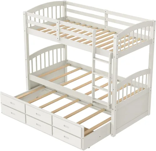 Vista 7 de Harper & Bright Designs Litera de madera maciza con nido, litera individual sobre individual con 3 cajones de almacenamiento y riel de seguridad, se
