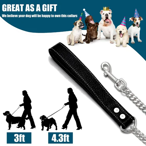 Vista 7 de Correa de cadena de plata para perro, acero inoxidable de oro de 18 quilates, correa de perro con mango de cuero para perros (3 pies/plateado)