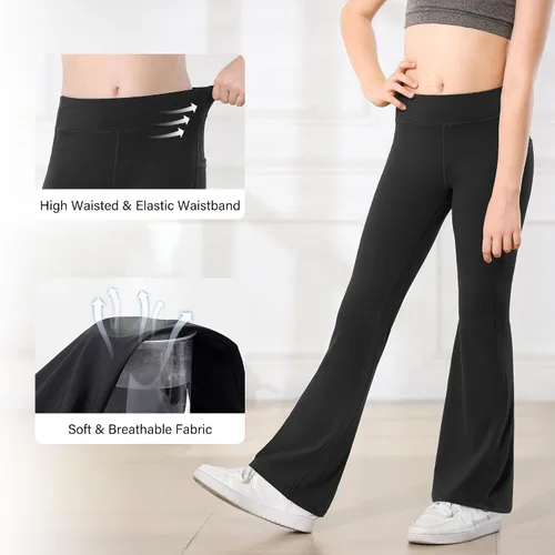 Vista 4 de Stelle Leggings acampanados para niña con bolsillos, cintura alta, corte de bota, pantalones de yoga para danza, pantalones acampanados