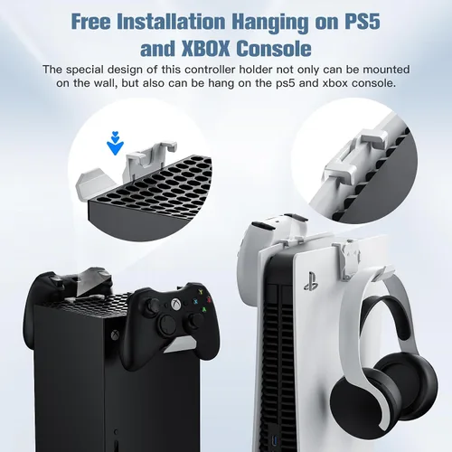 Vista 4 de KUNSLUCK Controller Wall Mount for PS5, Xbox, Switch Controller, 6 Pack Wall Mount Stand for Controller&Headset, AdhesiveScrews Installation (White)